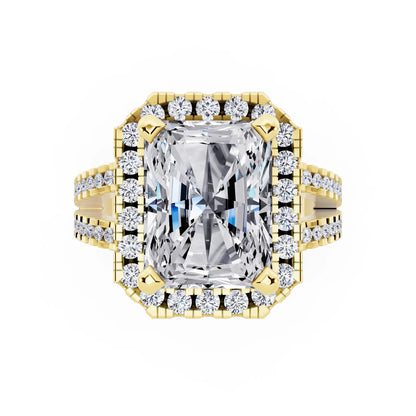 18 KT Yellow Gold Radiant Cut Diamond Halo Ring with Pave Split Shank - top angle