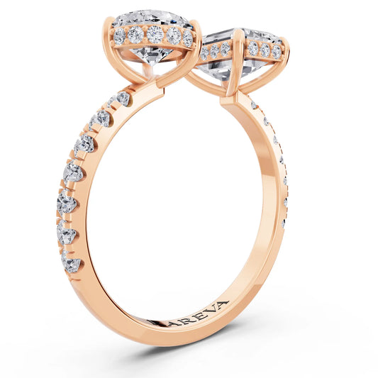 18 KT Rose Gold Emerald Cut Diamond Toi et Moi Ring with Pave Band - Top view