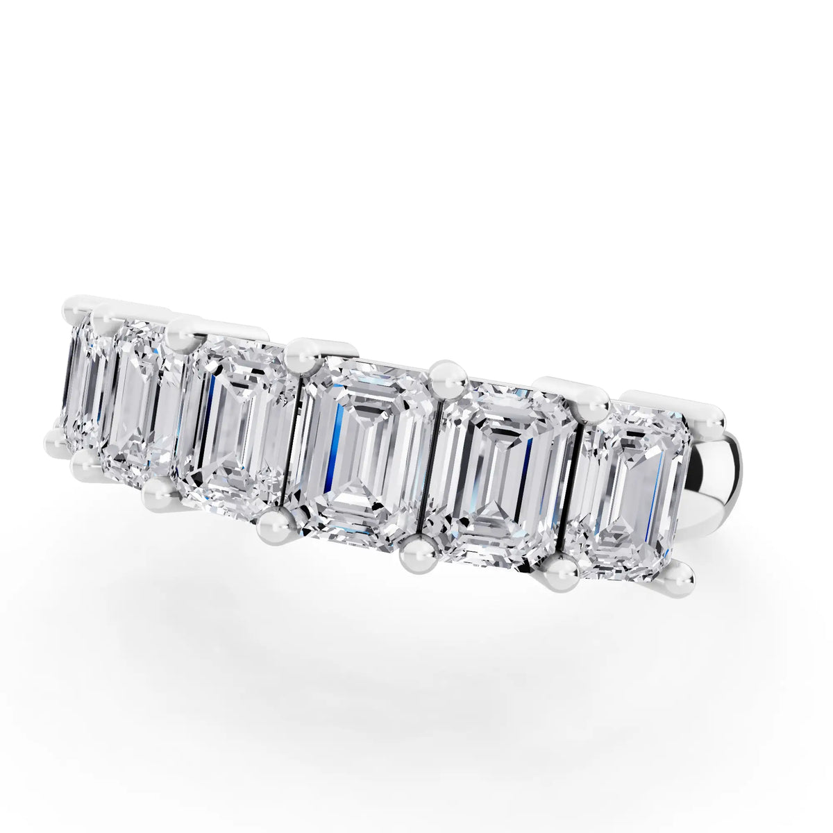 Silver Seven Stone Emerald Cut Diamond Half Eternity Wedding Band - 2mm - Close up