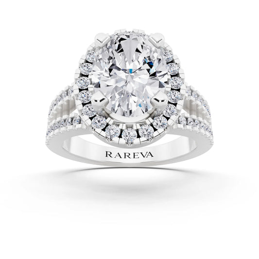 18 KT White Gold Oval Cut Diamond Halo Ring with Pave Split Shank - front view