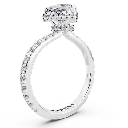 Platinum Heart Cut Diamond Hidden Halo Ring with Pave Band - top view