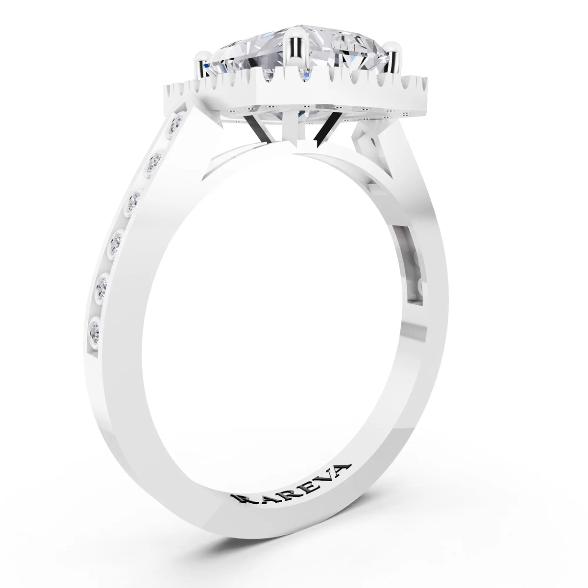 14 KT White Gold Radiant Cut Diamond Halo Ring with Bezel Accent Band - top view