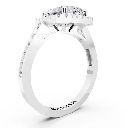 14 KT White Gold Radiant Cut Diamond Halo Ring with Bezel Accent Band - top view