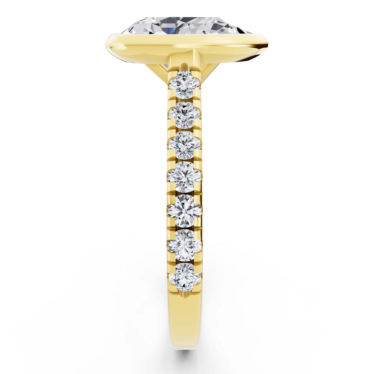 18 KT Yellow Gold Pear Cut Diamond Bezel Set Ring with Pave Band - Side view