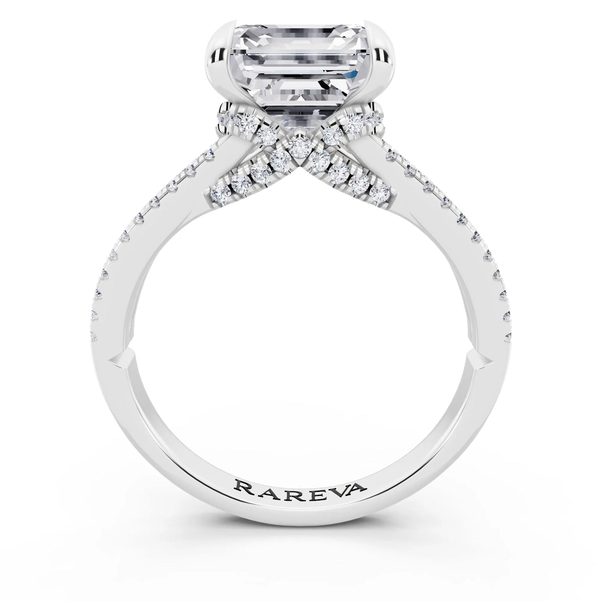 14 KT White Gold Asscher Cut Diamond Ring with Pavé Split Shank - through finger