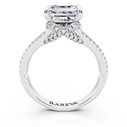14 KT White Gold Asscher Cut Diamond Ring with Pavé Split Shank - through finger