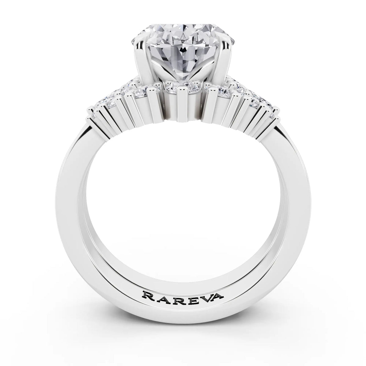 18 KT White Gold Oval Cut Diamond Ring with Curved Cluster Band - through finger