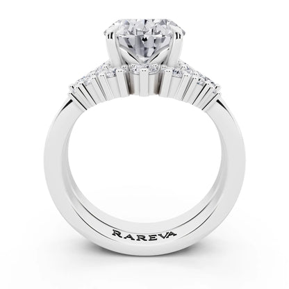18 KT White Gold Oval Cut Diamond Ring with Curved Cluster Band - through finger