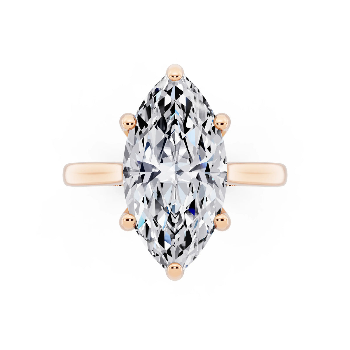 14 KT Rose Gold Marquise Cut Diamond Solitaire Ring with Cathedral Band - top angle
