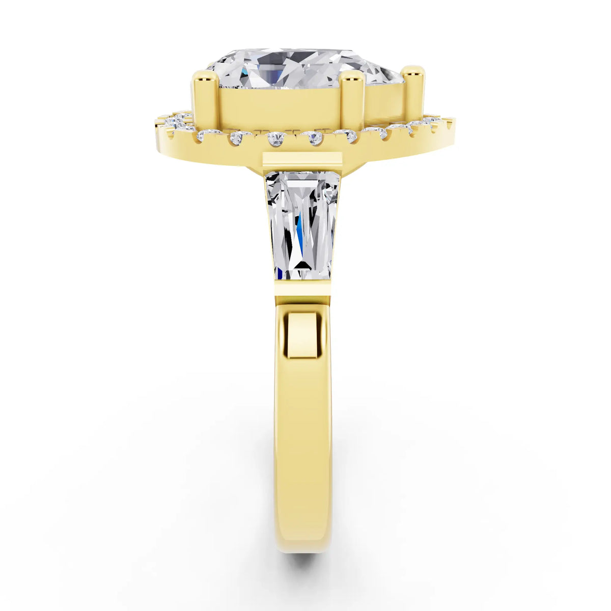 14 KT Yellow Gold Pear Cut Diamond Halo Ring with Baguette Accents - side view