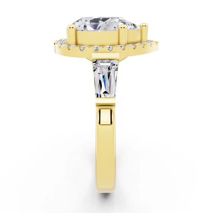 14 KT Yellow Gold Pear Cut Diamond Halo Ring with Baguette Accents - side view