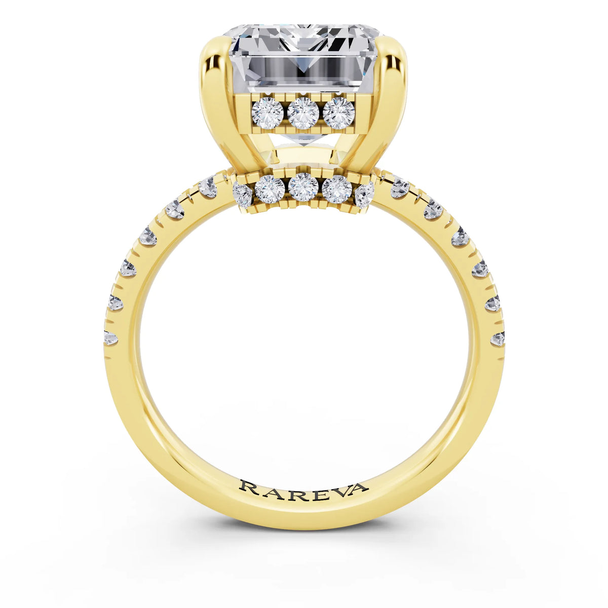14 KT Yellow Gold Emerald Cut Diamond Hidden Halo Tiger Prong Pave Band Ring - through finger