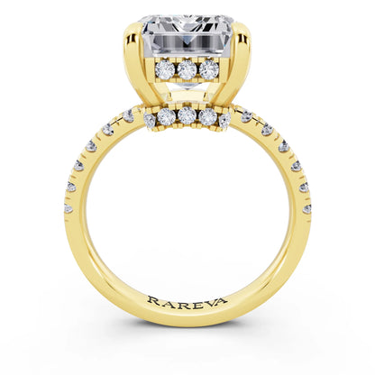 14 KT Yellow Gold Emerald Cut Diamond Hidden Halo Tiger Prong Pave Band Ring - through finger