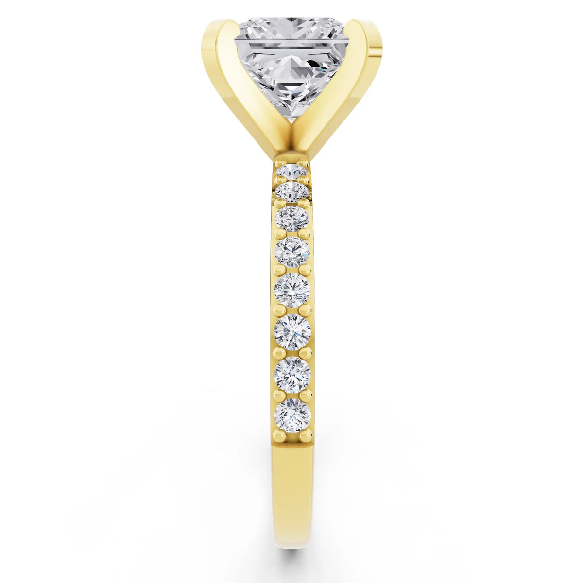 18 KT Yellow Gold Princess Cut Diamond Solitaire Ring with Pave Shank - side view