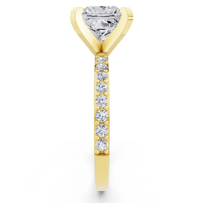 18 KT Yellow Gold Princess Cut Diamond Solitaire Ring with Pave Shank - side view
