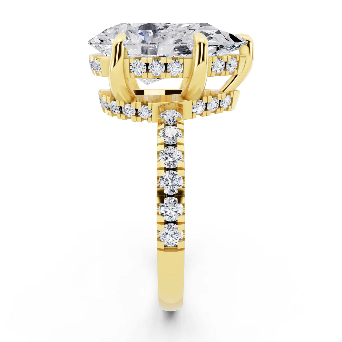 14 KT Yellow Gold Pear Cut Diamond Hidden Halo Tiger Prong Pave Band Ring - side view
