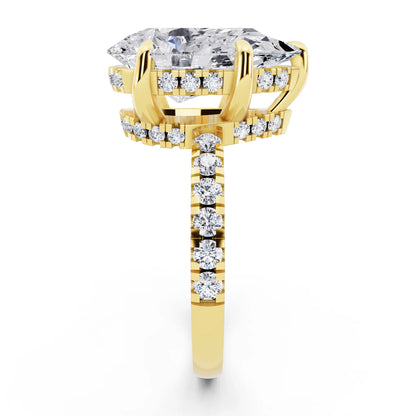 14 KT Yellow Gold Pear Cut Diamond Hidden Halo Tiger Prong Pave Band Ring - side view