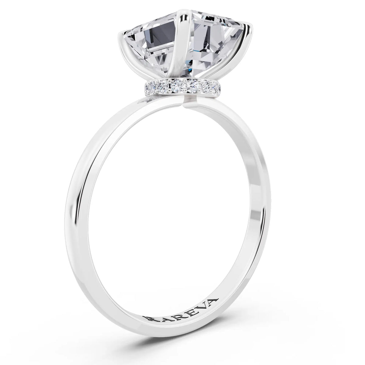 Platinum Emerald Cut Diamond Solitaire Ring with Pave Collar - top view