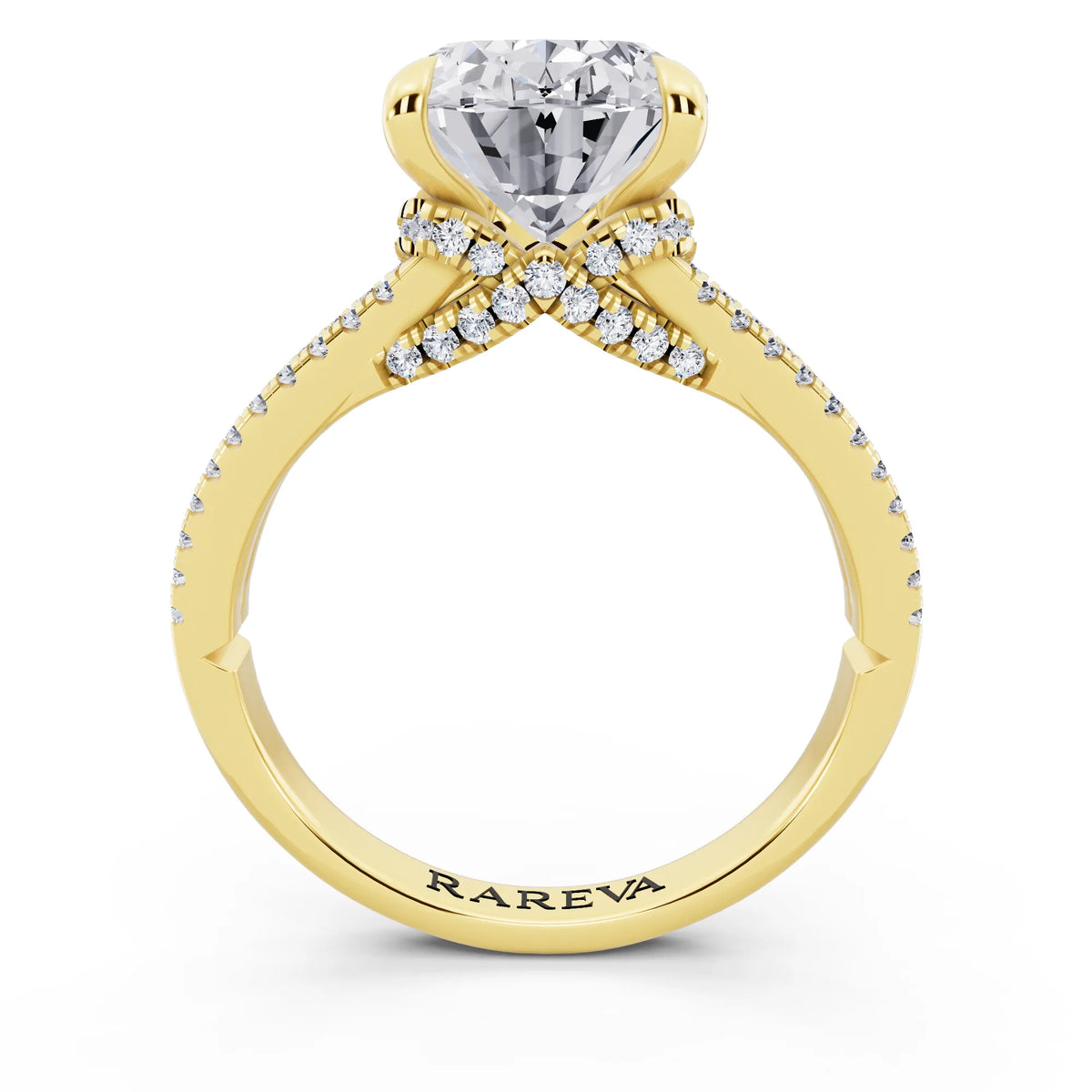 18 KT Yellow Gold Oval Cut Diamond Ring with Pavé Split Shank - through finger