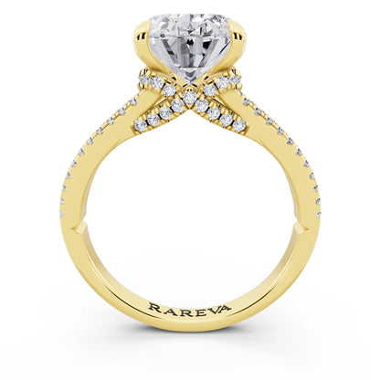 18 KT Yellow Gold Oval Cut Diamond Ring with Pavé Split Shank - through finger