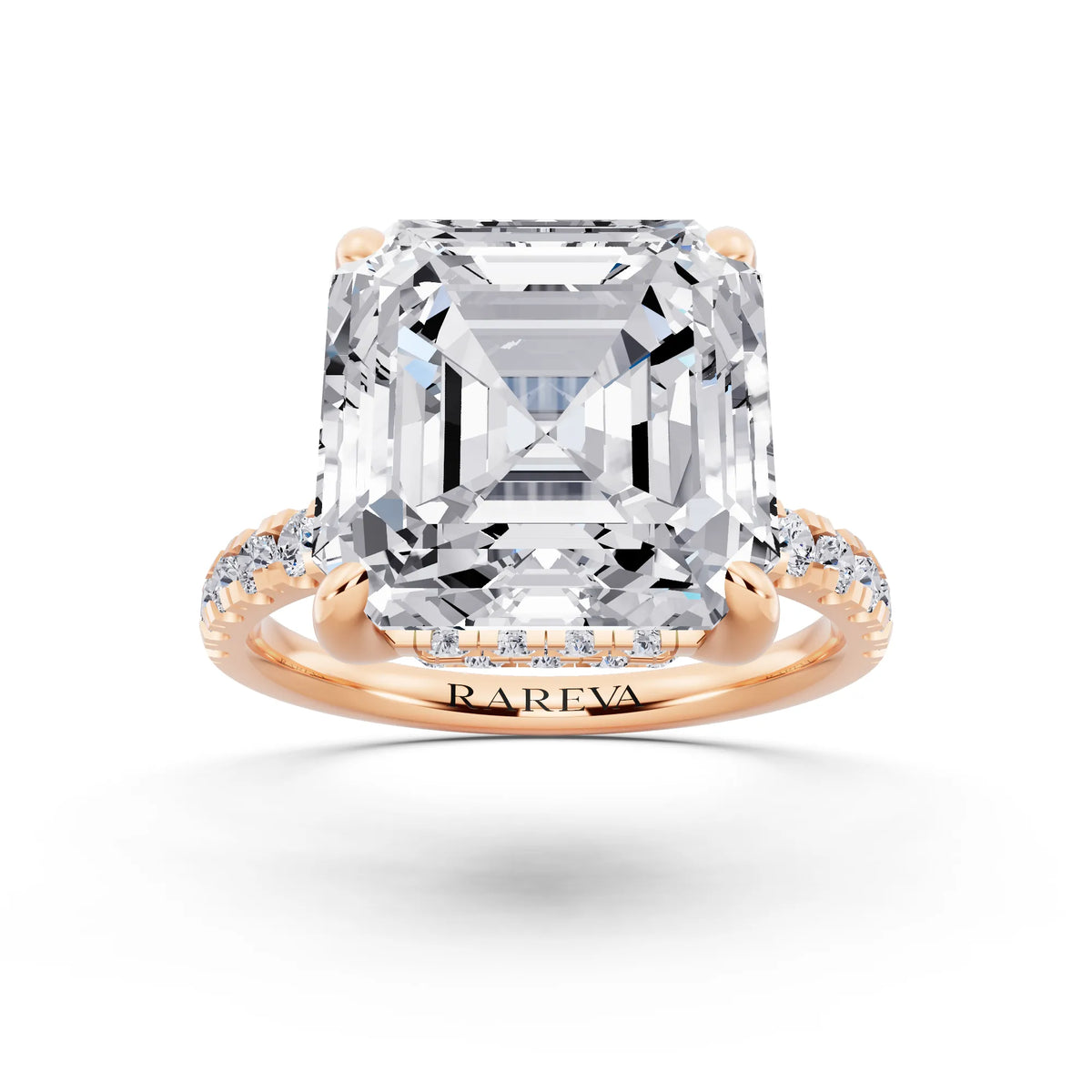 18 KT Rose Gold Asscher Cut Diamond Hidden Halo Tiger Prong Pave Band Ring - front view