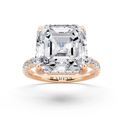 18 KT Rose Gold Asscher Cut Diamond Hidden Halo Tiger Prong Pave Band Ring - front view