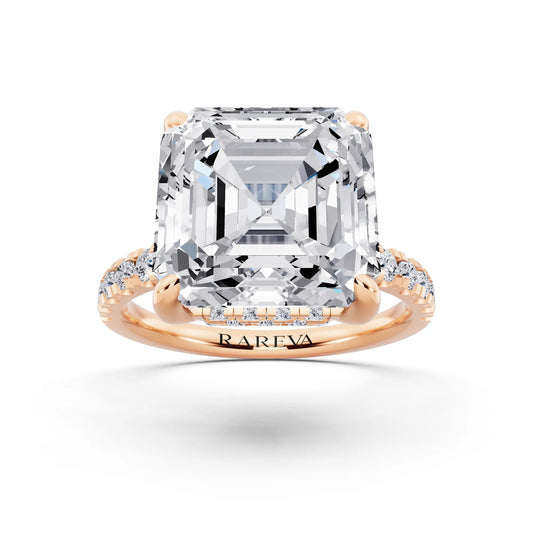 18 KT Rose Gold Asscher Cut Diamond Hidden Halo Tiger Prong Pave Band Ring - front view