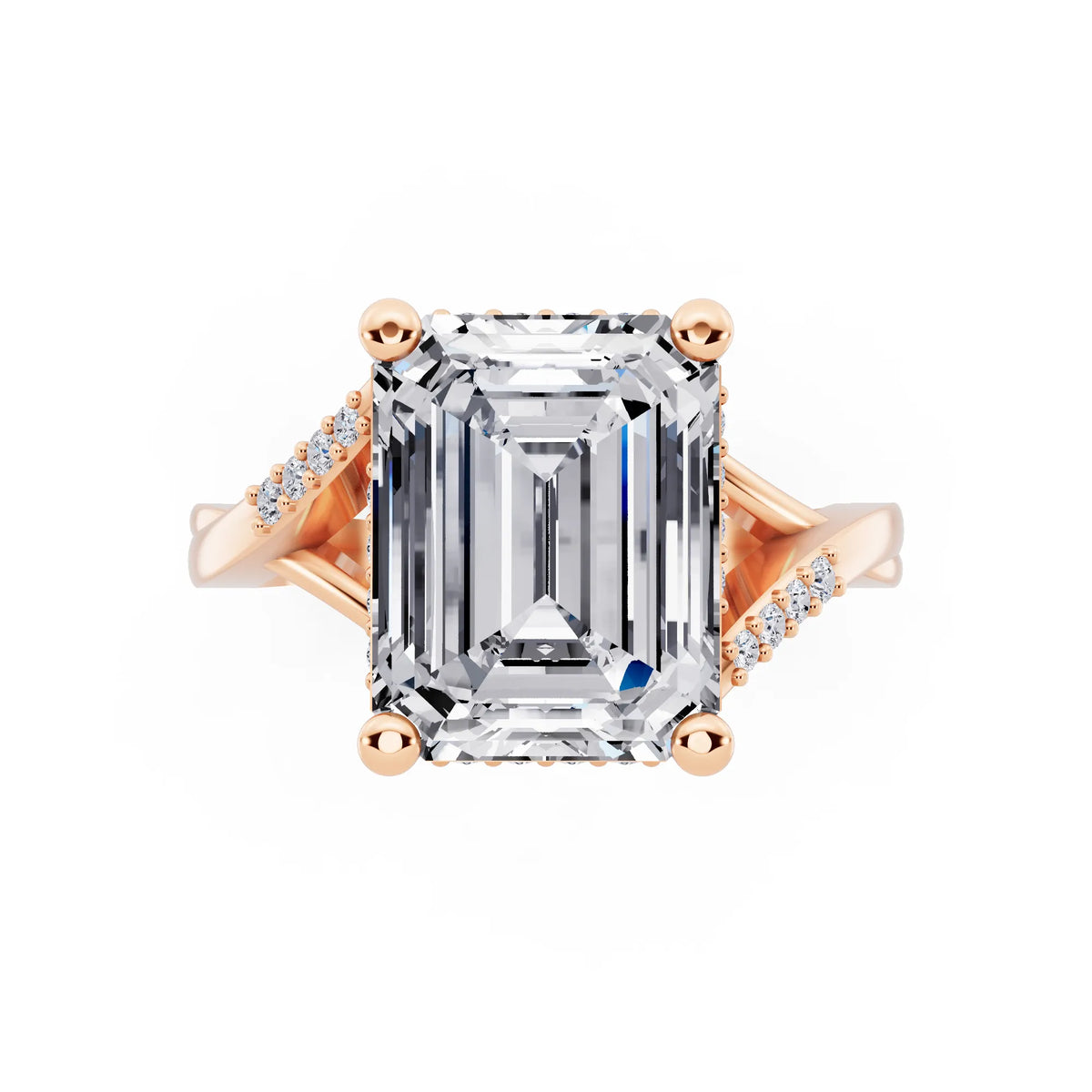 18 KT Rose Gold Emerald Cut Diamond Split Shank Engagement Ring with Hidden Halo - top angle