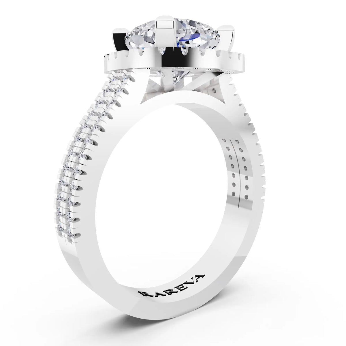 18 KT White Gold Cushion Cut Diamond Halo Ring with Twin Pave Band - top view
