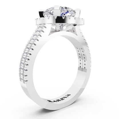 18 KT White Gold Cushion Cut Diamond Halo Ring with Twin Pave Band - top view