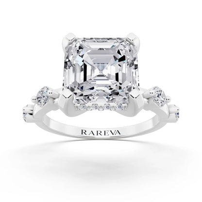 Platinum Asscher Cut Diamond Solitaire Ring with Floating Diamond Accents - front view