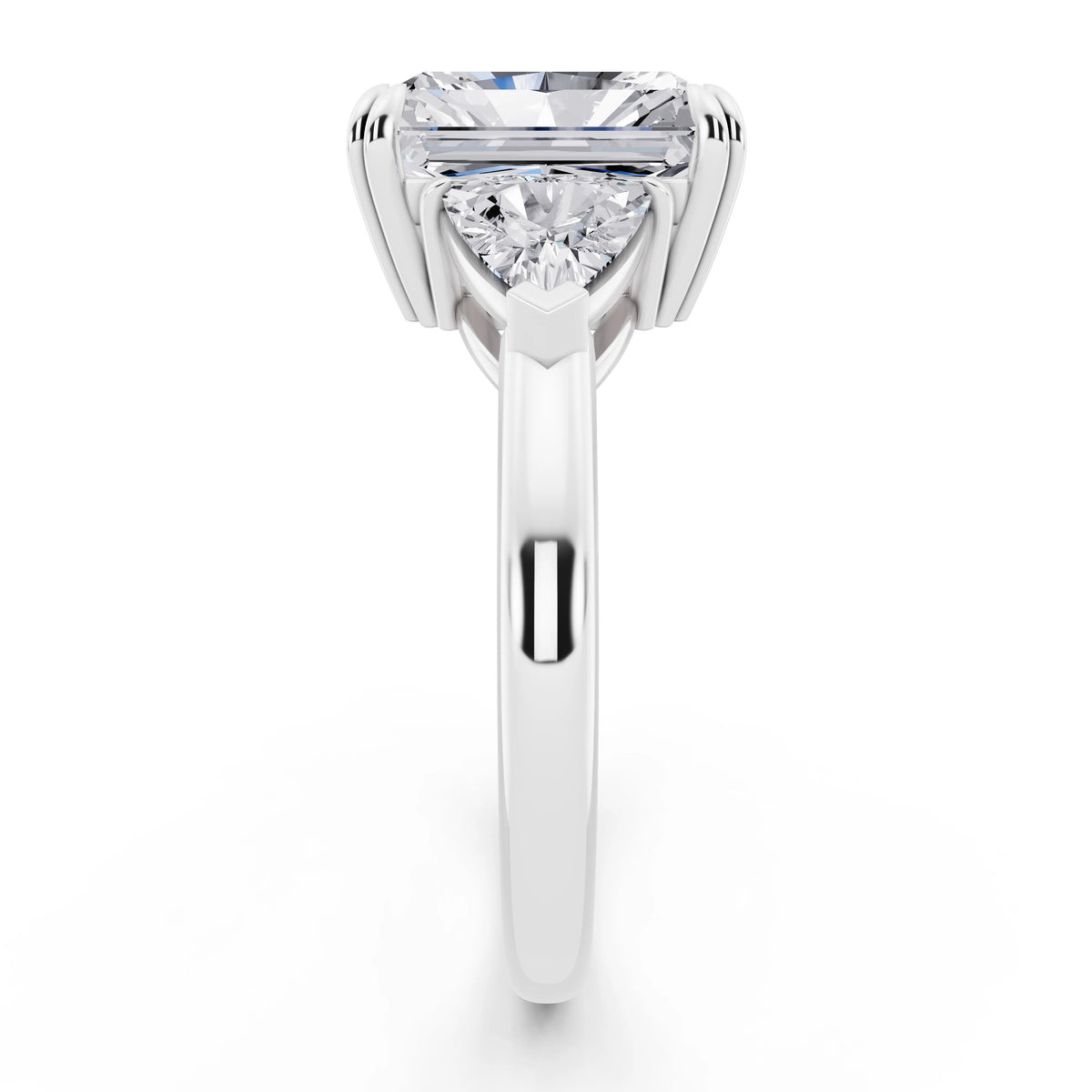 14 KT White Gold Radiant Cut Diamond Three Stone Ring with Trillion Accents - side view