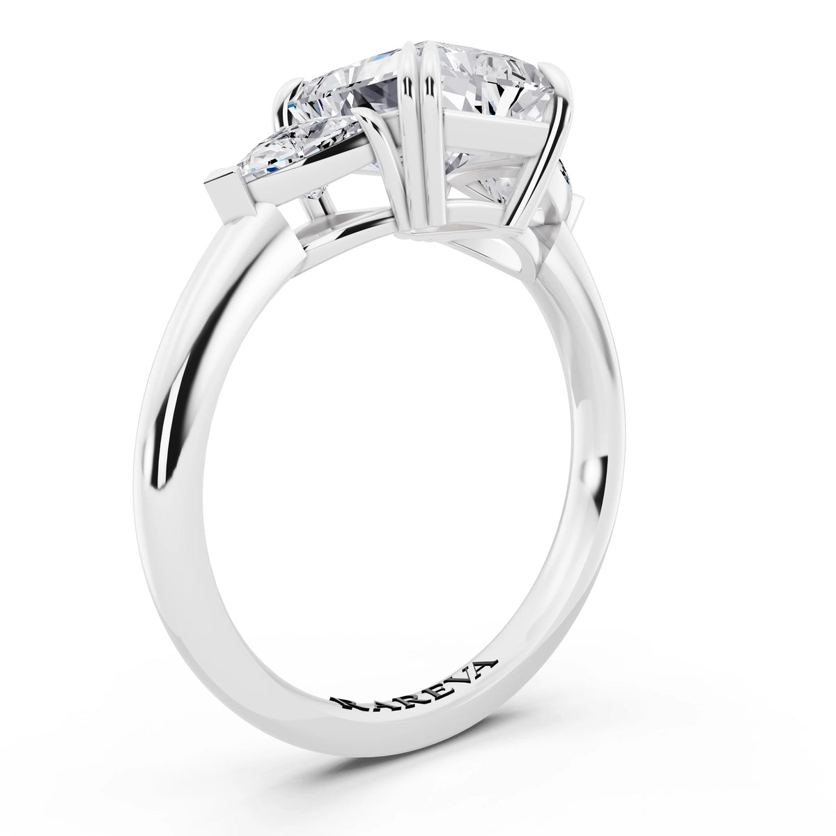 14 KT White Gold Radiant Cut Diamond Three Stone Ring with Trillion Accents - top view