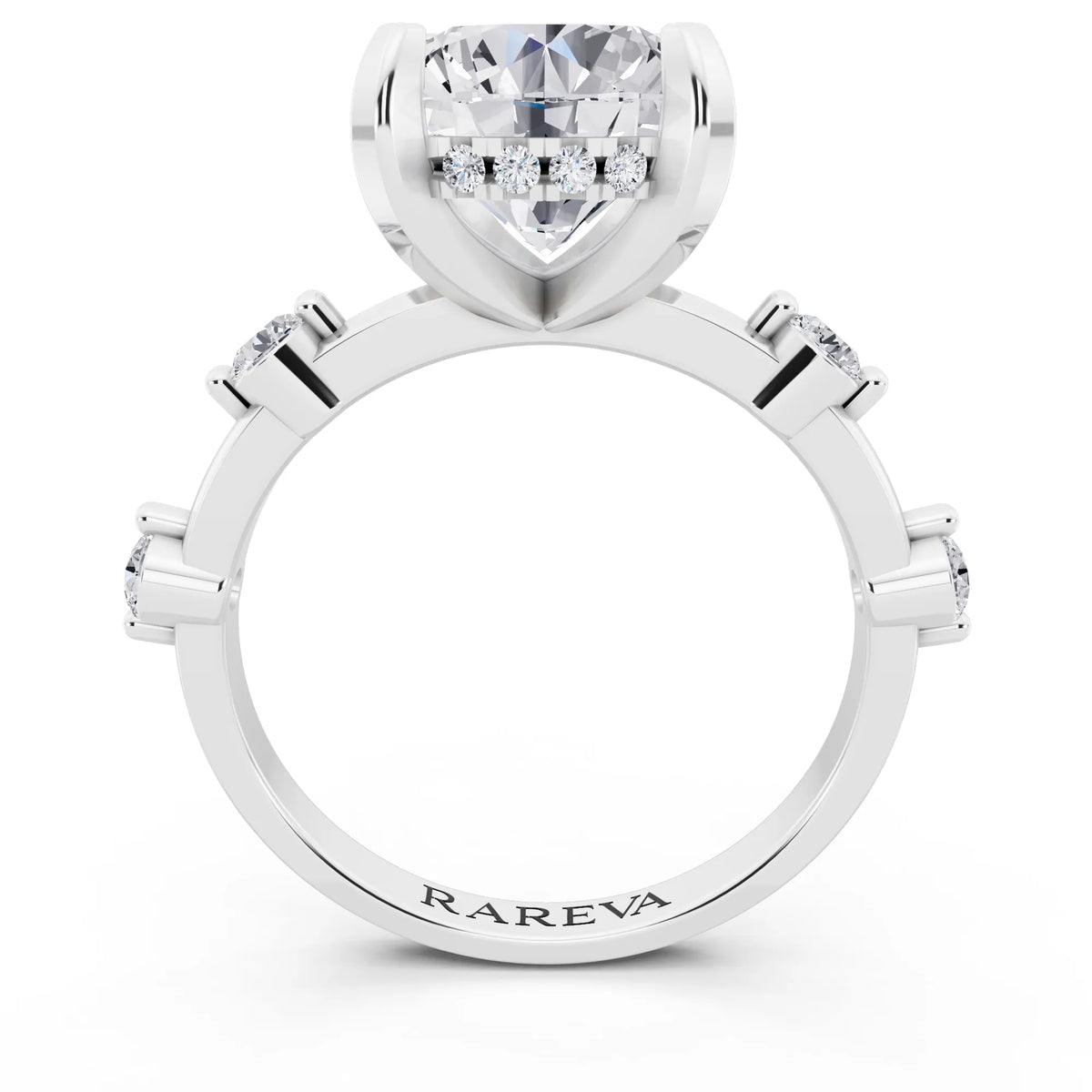 18 KT White Gold Round Cut Diamond Solitaire Ring with Floating Diamond Accents - through finger