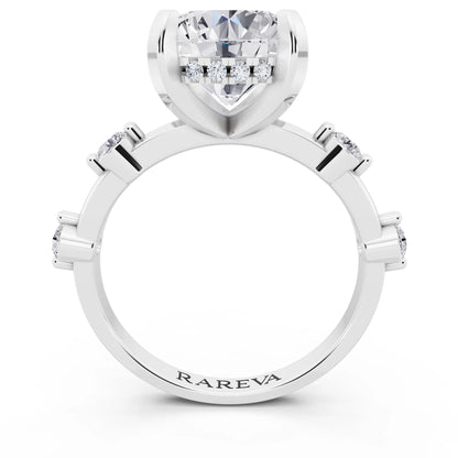 18 KT White Gold Round Cut Diamond Solitaire Ring with Floating Diamond Accents - through finger