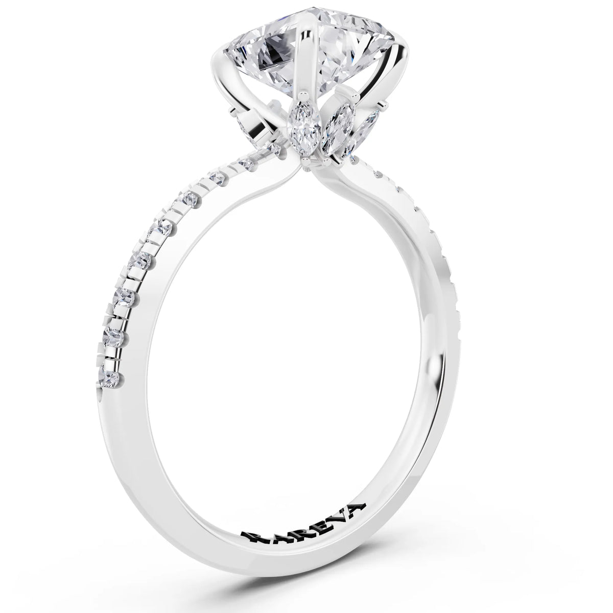 Platinum Radiant Cut Diamond Solitaire Ring with Marquise Collar - top view
