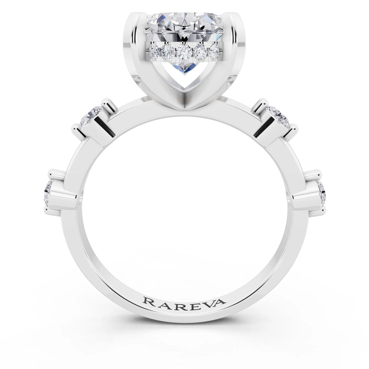 14 KT White Gold Oval Cut Diamond Solitaire Ring with Floating Diamond Accents - through finger