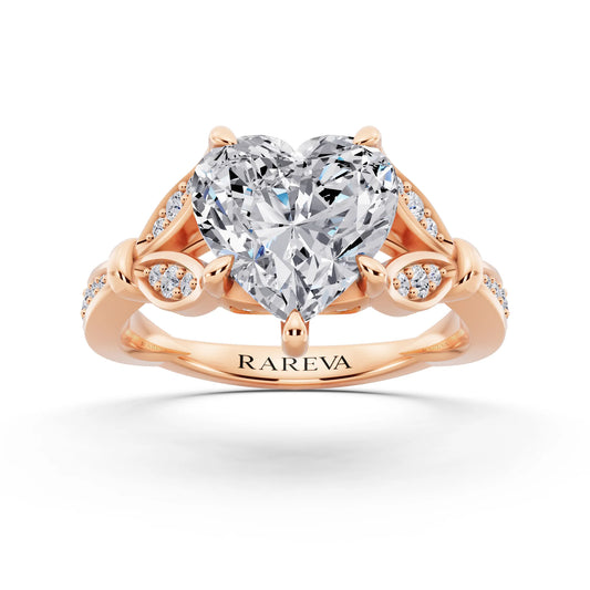18 KT Rose Gold Heart Cut Diamond Ring with Lotus Collar - front view