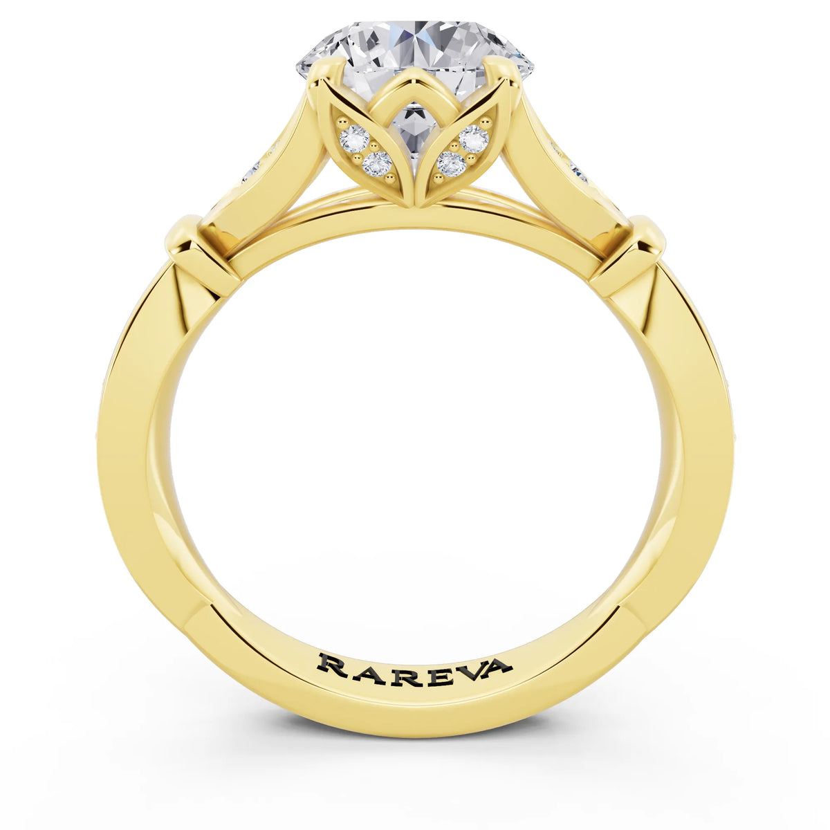 18 KT Yellow Gold Round Cut Diamond Ring with Lotus Collar - through finger