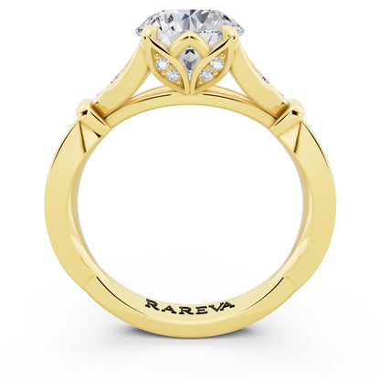 18 KT Yellow Gold Round Cut Diamond Ring with Lotus Collar - through finger