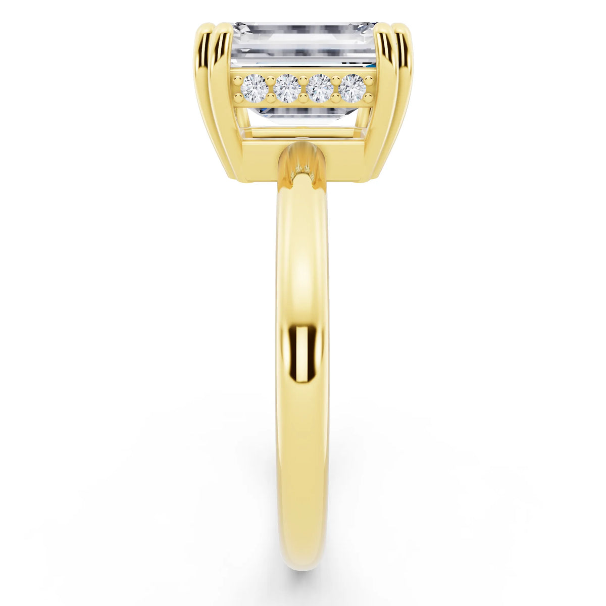 18 KT Yellow Gold Emerald Cut Diamond Solitaire Ring with Hidden Accent Basket - side view
