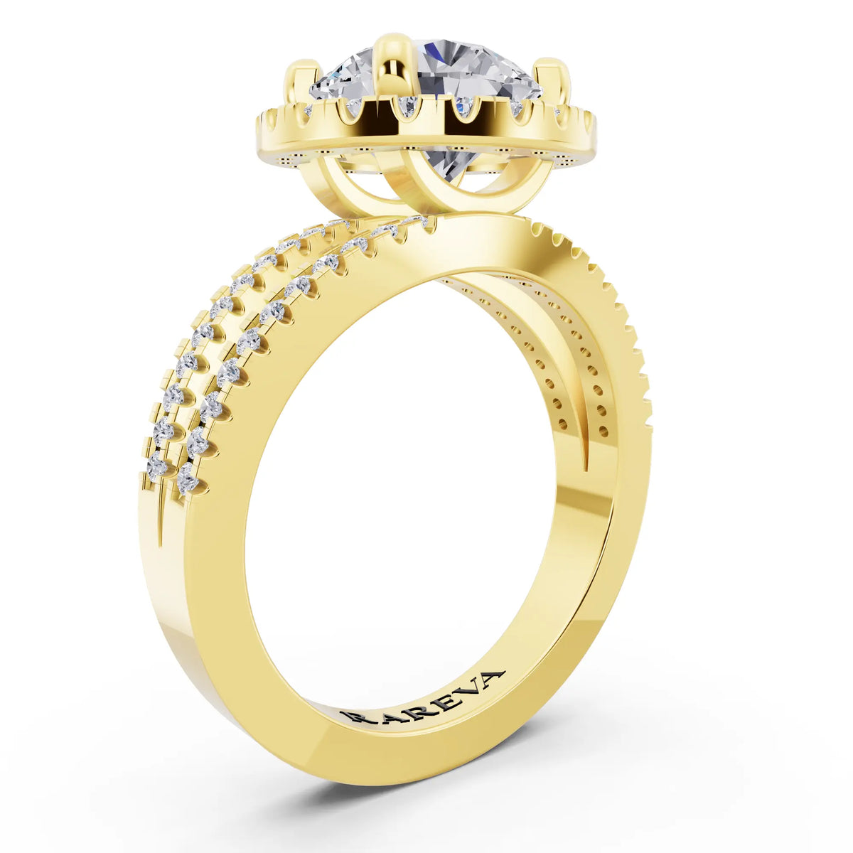 18 KT Yellow Gold Round Cut Diamond Halo Ring with Pave Split Shank - top view