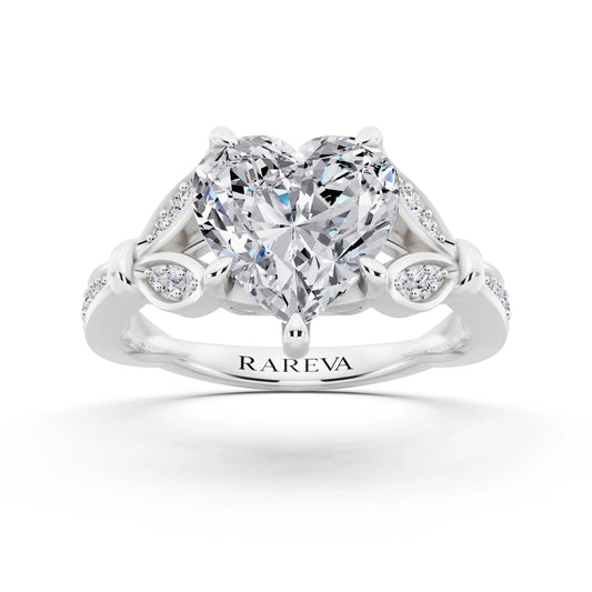 14 KT White Gold Heart Cut Diamond Ring with Lotus Collar - front view
