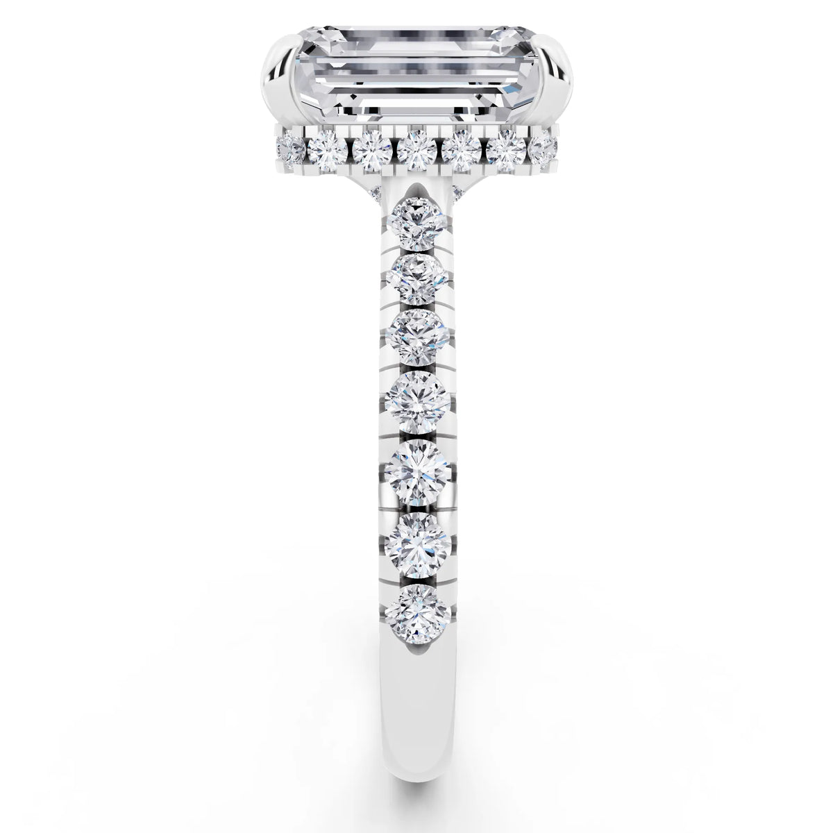 18 KT White Gold Emerald Cut Diamond Ring with Hidden Halo - side view