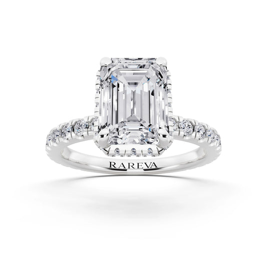 18 KT White Gold Emerald Cut Diamond Hidden Halo Ring with Pave Band - front view