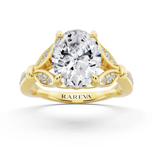 18 KT Yellow Gold Oval Cut Diamond Ring with Lotus Collar - front view