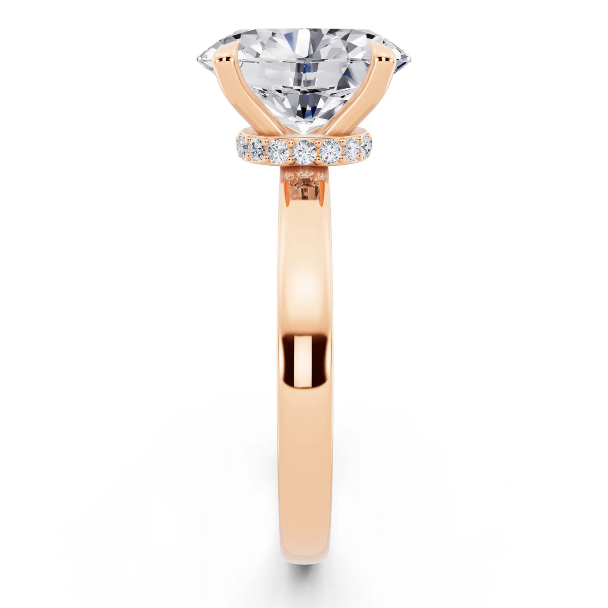 14 KT Rose Gold Oval Cut Diamond Solitaire Ring with Pave Collar - side view