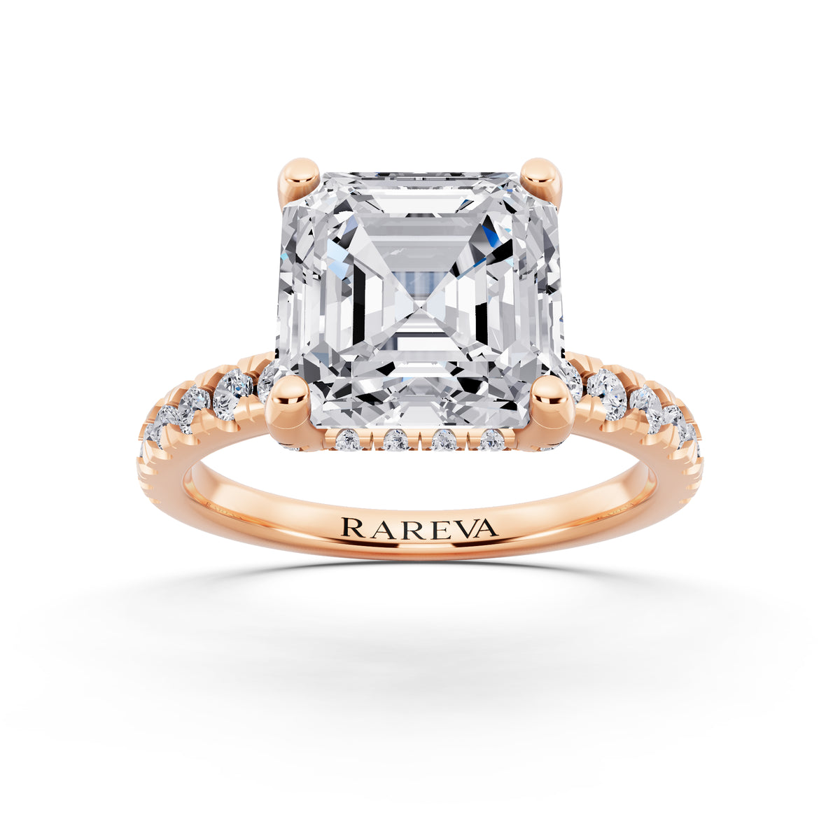 14 KT Rose Gold Asscher Cut Diamond Hidden Halo Ring with Pave Shank - front view