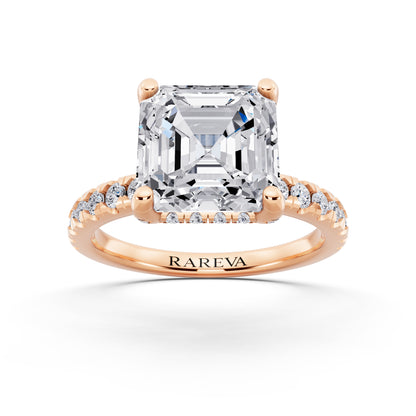 14 KT Rose Gold Asscher Cut Diamond Hidden Halo Ring with Pave Shank - front view