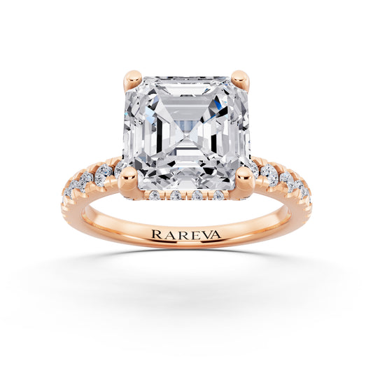 14 KT Rose Gold Asscher Cut Diamond Hidden Halo Ring with Pave Shank - front view